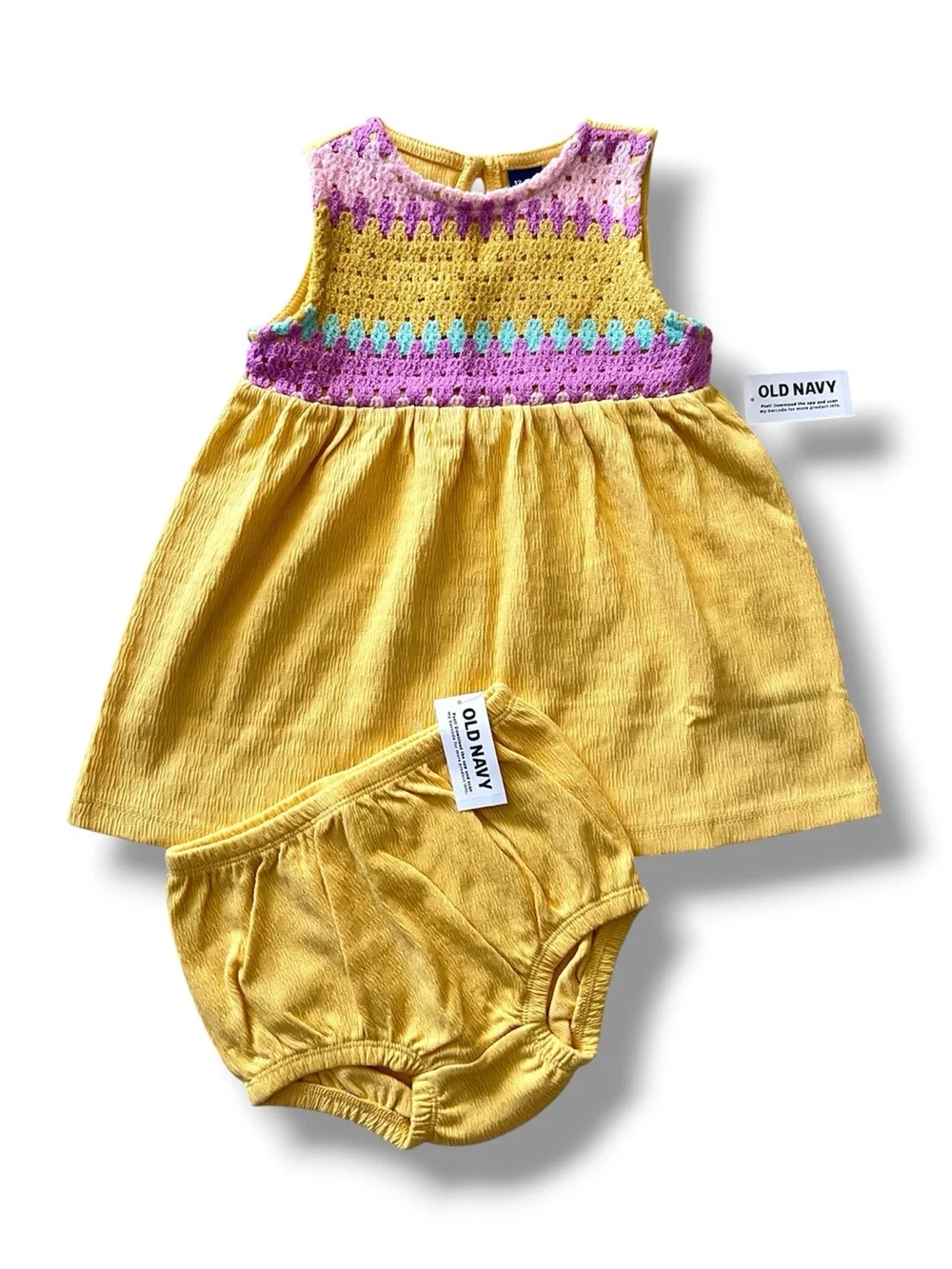 Old Navy Yellow Crochet Bodice Dress Bloomer Set Baby Girl 12-18M NWT Summer